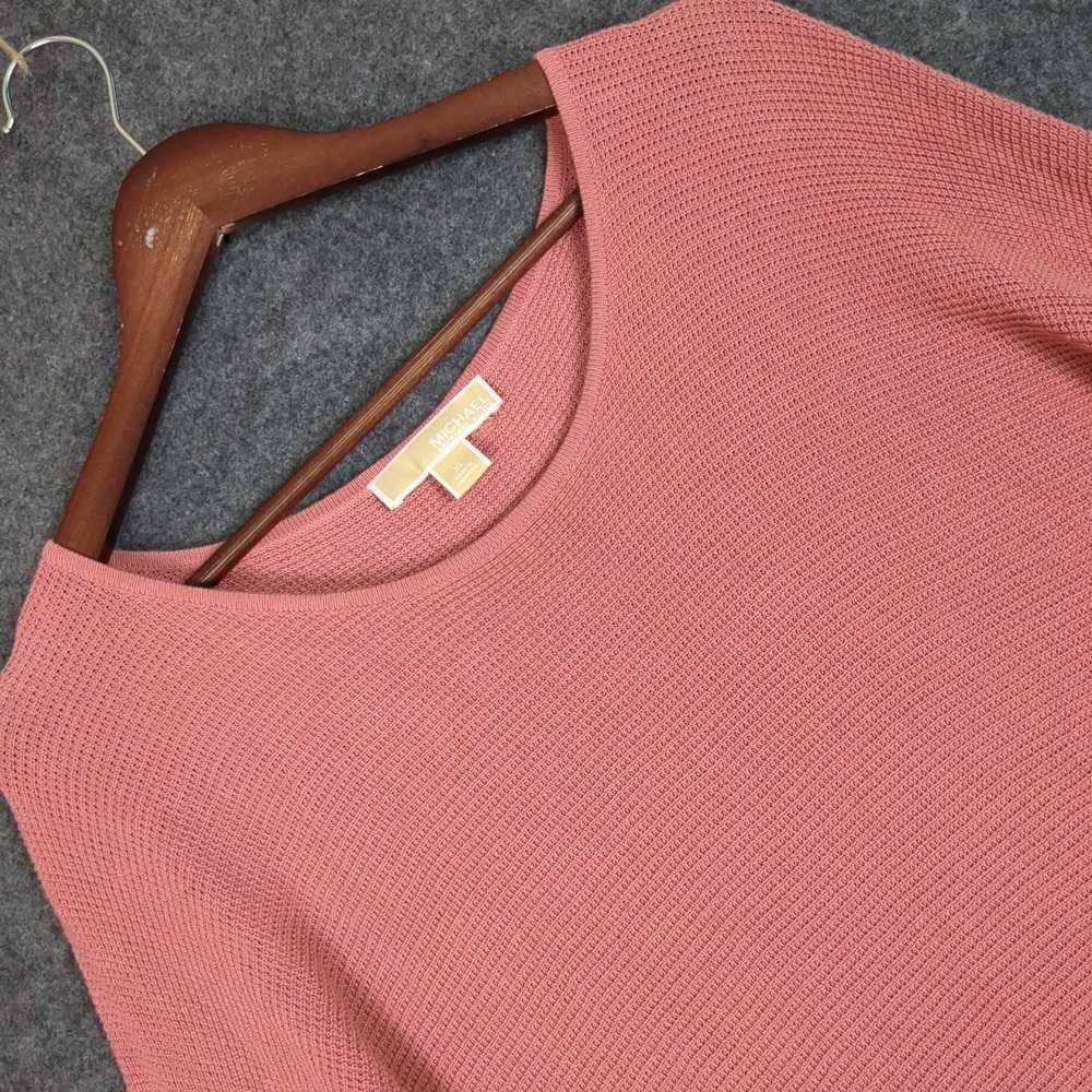 Michael Kors Womens XL‎ Coral Pink Waffle Knit Hi-Low Tunic Sweater Gold Buttons